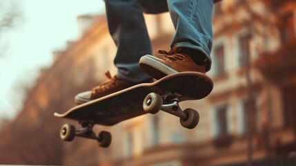 Skateboarder skateboarding. Skateboarder Flying. skateboarder young teenager. Skateboarder doing a skateboard trick. Fitness, freedom and man do action skills, jumping and cool movement for sport. - obrazy, fototapety, plakaty