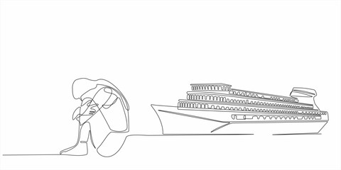 continuous line sad woman wants to buy a ship