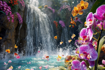 Fototapeta na wymiar Orchids Blossoming Around a Tropical Waterfall, Harmony of Water Splashes and Vibrant Floral Colors Expressing Nature's Strength and Elegance.