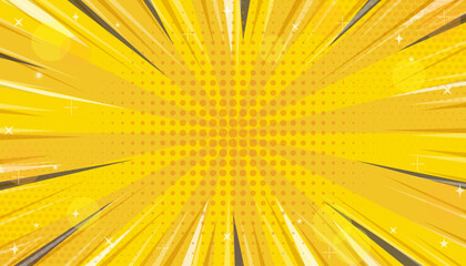 Fototapeta premium Explosion in comics book pop style with expression text space, blank layout template with halftone dots and stars on yellow backdrop, glitter yellow and orange concentration line background