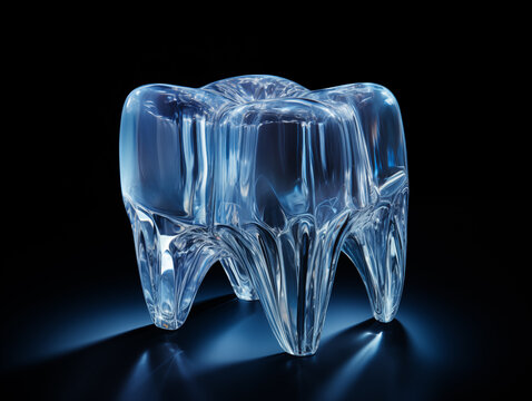 Futuristic glossy tooth over dark background. Concept of new technologies in dental treatment.
