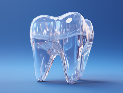 Futuristic glossy tooth over blue background. Concept of new technologies in dental treatment.