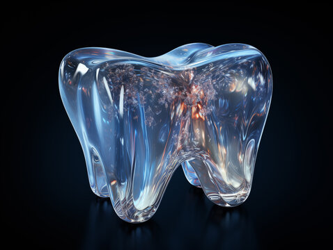 Futuristic glossy tooth over dark background. Concept of new technologies in dental treatment.