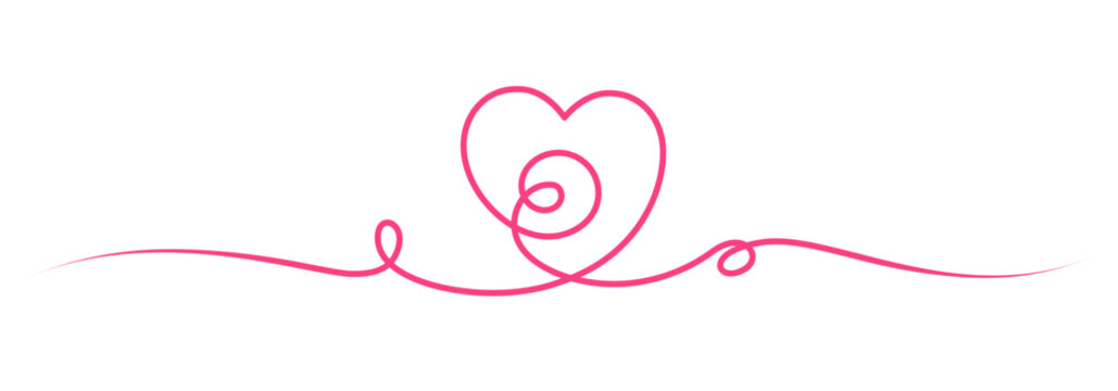 Fototapeta Valentine's Day border with drawn continuous line and heart shape. Love romantic decoration for Valentine's Day or Women's and Mother's Day - vector