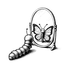A caterpillar looking at its reflection in a mirror, seeing a butterfly, in the style of childish hand drawn drawing