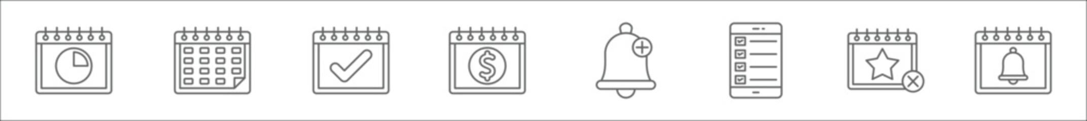 outline set of time and date line icons. linear vector icons such as three quarters, calendar, calendar, payday, add, to do list, delete, notification