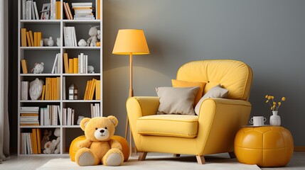 A colorful and cozy children's room with a yellow armchair, toys and children's books in the closet, generative AI
