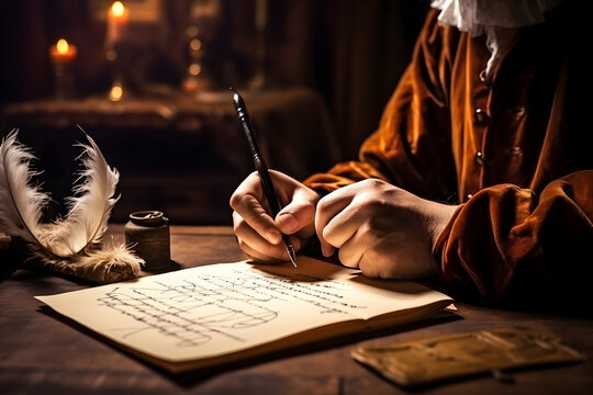 Hand writing with old quill pen on the old paper. Historical atmosphere. Empty place for a text. Generative AI.