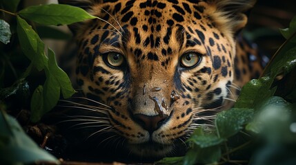 Naklejka premium The leopard crouched in the dense thickets before jumping. A leopard in the jungle