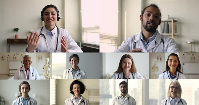 Millennial Indian and African cardiologists, colleagues lead on-line virtual meeting with diverse workers, share opinion, discussing patient treatment plan, having medical concilium use videocall app