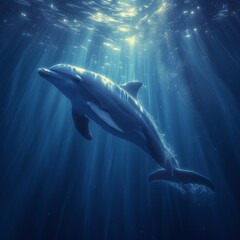Photo of dolphins swimming underwater. Underwater photo of marine mammals.