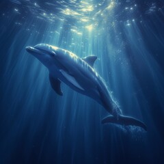 Fototapeta premium Photo of dolphins swimming underwater. Underwater photo of marine mammals.