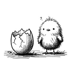 A cute chick standing next to its cracked open eggshell, looking proud, in the style of childish hand drawn drawing