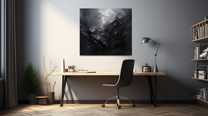 Fototapeta premium a desk with a chair and a painting on the wall