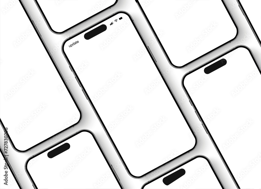 Poster Smartphone mockup group with shadow, 3D mobile phones in a diagonal slope, high quality smart phone mockup for ui ux presentation, smart phone set front view - vector