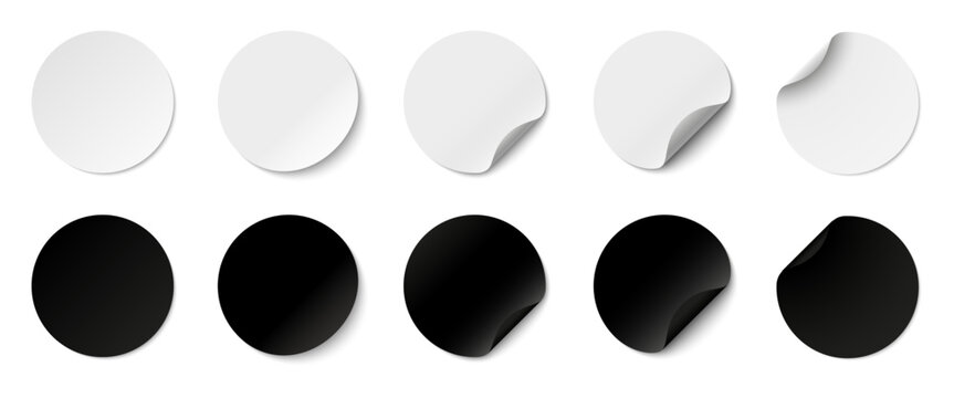 Paper stickers circle with rounded edges adhesive, white and black paper round stickers with peeling corner and shadow, isolated rounded plastic mockup, set round paper curved corner