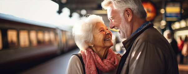 Happy senior couple waiting on the train station, traveling to their vacation - obrazy, fototapety, plakaty