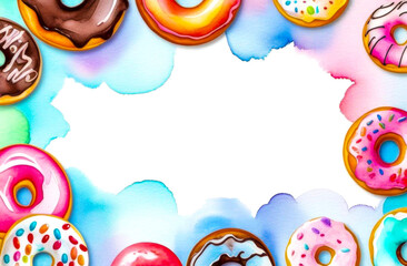 Assorted donuts with copy space for text. Multicolored mix of delicious donuts with glaze and sprinkles for design, banner or card, top view