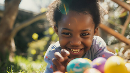 Happy young black child with easter eggs  in garden. Kid hunting for chocolate eggs at easter egg hunt. AI generated 