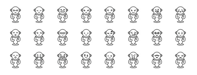 set of 24 outline web emoji robot icons such as smile, sad, complain, angry, happy, optimistic, mocking vector icons for report, presentation, diagram, web design, mobile app