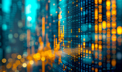 Abstract background with code. Digital data flowing through cyberspace with glowing orange and blue numbers against a deep, shadowy background