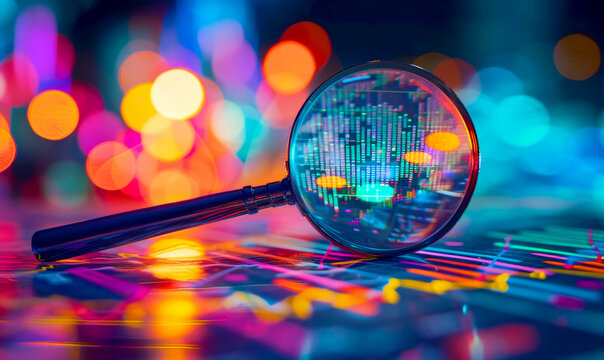 Abstract background with code. Background of a magnifying glass focusing on vibrant stock market charts.