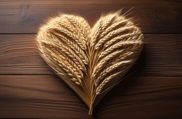 bread and ears of wheat. Ears of wheat in the shape of a heart, wooden board, top view. Farming. Plant growing. Bread. Harvest. Love