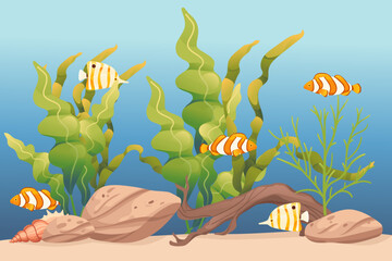 Naklejka premium Aquarium with fishes grass stones and decorative items vector illustration isolated on white background