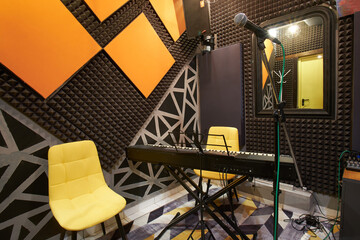 Interior of a recording studio, vocal training class and rehearsal space