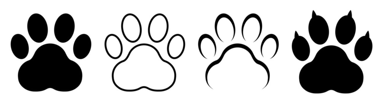 Paw footprint icon set, paw print icons in different style, cute animal track