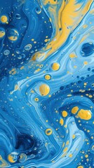 a blue and yellow swirl pattern wallpaper with bubbles, in the style of conceptual painting, delicate chromatics, fluid acrylics, white background, mixes painting and ceramics - generative ai