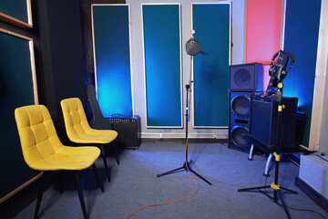 Interior of a recording studio, vocal training class and rehearsal space