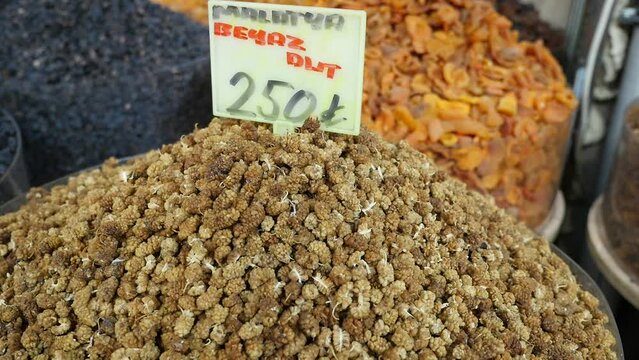Dried fresh white mulberries sold openly in the market,