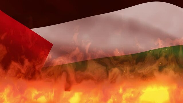 Motion graphic features the Palestinian flag gracefully waving amidst a backdrop of dynamic and vibrant flames, embodying the fiery elements as a representation of resilience and strength