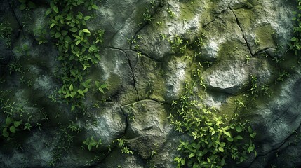 a rock wall covered in green plants - obrazy, fototapety, plakaty