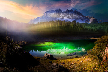Lago di Carezza, an alpine marvel with emerald waters, cradled by spruce trees, framed by the...
