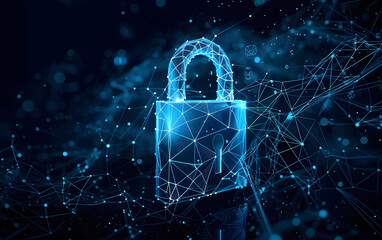 A cyber security concept illustration featuring a futuristic padlock on a blue background, symbolizing intertwined networks with dotted 3D holographic elements. - obrazy, fototapety, plakaty