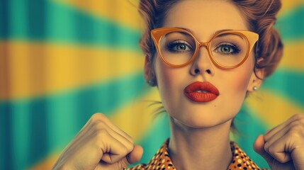the face of a beautiful girl in glasses and red lips with her hands clenched into a fist, retro style, banner - obrazy, fototapety, plakaty