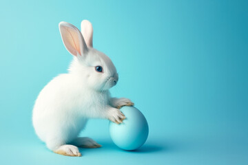 Fototapeta premium Easter bunny rabbit with blue painted egg on blue background. Easter holiday concept. copy space