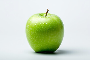 A fresh, green apple with water droplets against a white background.