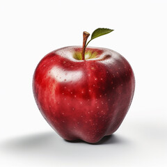 A ripe, red apple with a green leaf isolated on white background