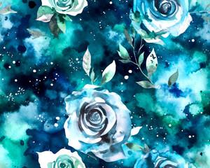 Seamless watercolor aqua rose pattern background,  Valentine's Day card design. Generative ai