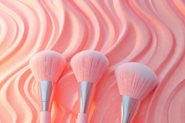 Makeup brushes on a pink and geometric background. Cosmetics background, advertising concept.