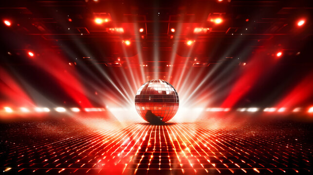 Music stage. Dance floor. Disco ball show performance begin with lighting and amplifier isolated on white background. Generative AI.
