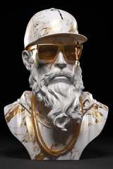 Creative Marble statue bust with gold flecks, man with beard in sunglasses, modern style, hipster, abstract 