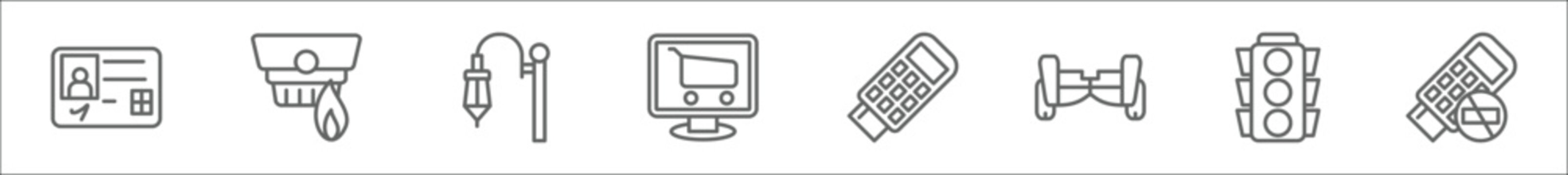 Outline Set Of Smart City Line Icons. Linear Vector Icons Such As Id Card, Fire Alarm, Street Lamp, Ecommerce, Credit Card Hine, , Traffic Light, Cashless Payment