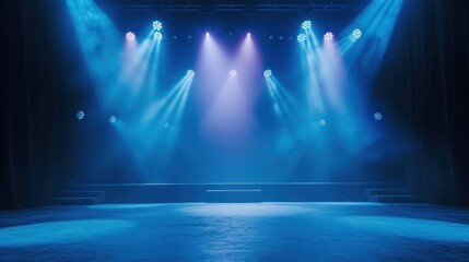 Empty modern stage with bright background for performance, stage lighting with spotlights for theater performance