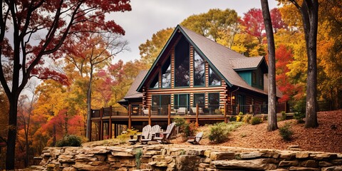 Rustoic rural modern house hotel cabin in the mountains in fall season. Nature outdooe background