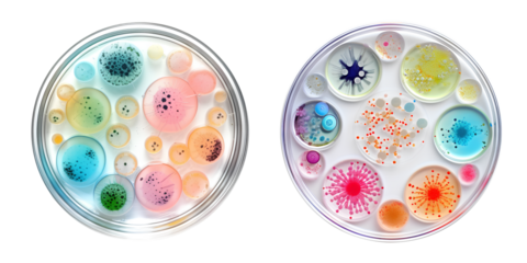 A Simulation two petri dish contains a culture of bacteria, with colonies growing in various colors, Microbiology lab for antibiotic resistance, Drug resistant bacteria, Laboratory concept, PNG