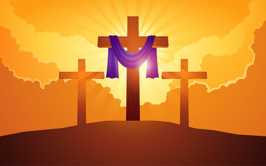 Biblical vector illustration series, wooden cross with purple sash on the hill with dramatic clouds background, for Good Friday, resurrection, easter, Ash Wednesday, christianity theme